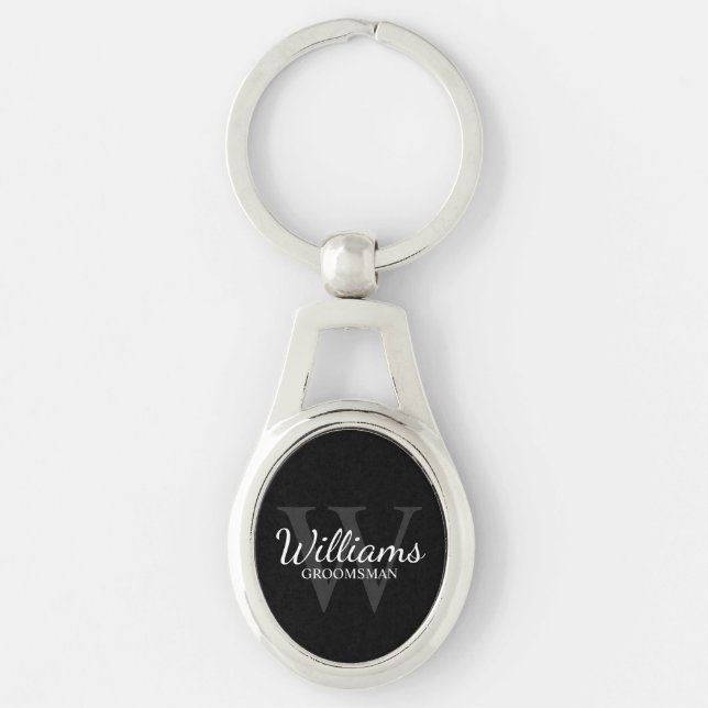 Black Personalized Script Groomsmen Name&Monogram Keychain (Front)