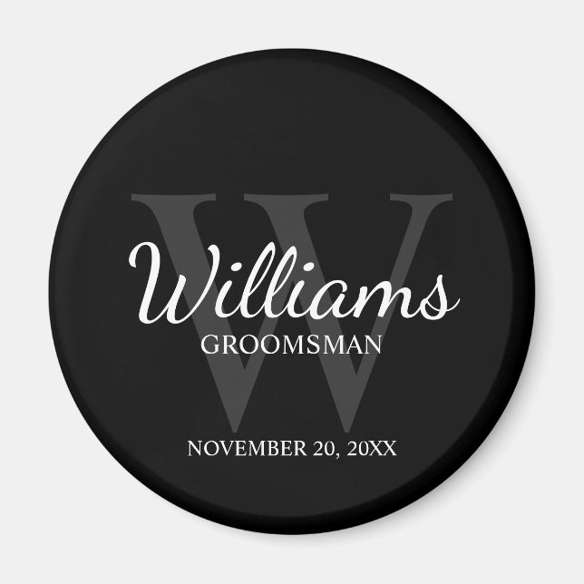 Black Personalized Script Groomsmen Name&Monogram Magnet (Front)