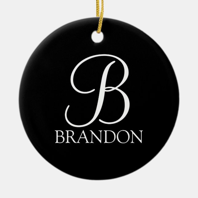 Black Personalized Script Monogram and Name Ceramic Ornament (Front)