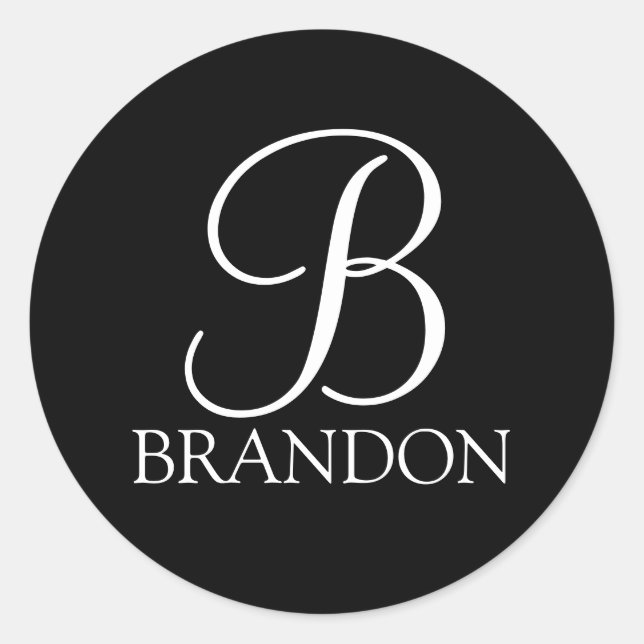 Black Personalized Script Monogram and Name Classic Round Sticker (Front)