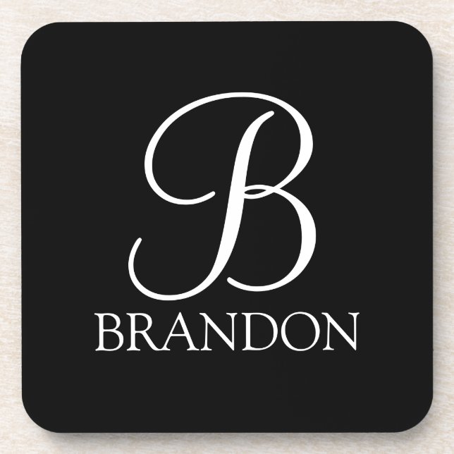 Black  Personalized Script Monogram and Name Coaster (Front)