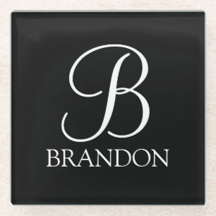 Black Personalized Script Monogram and Name Glass Coaster
