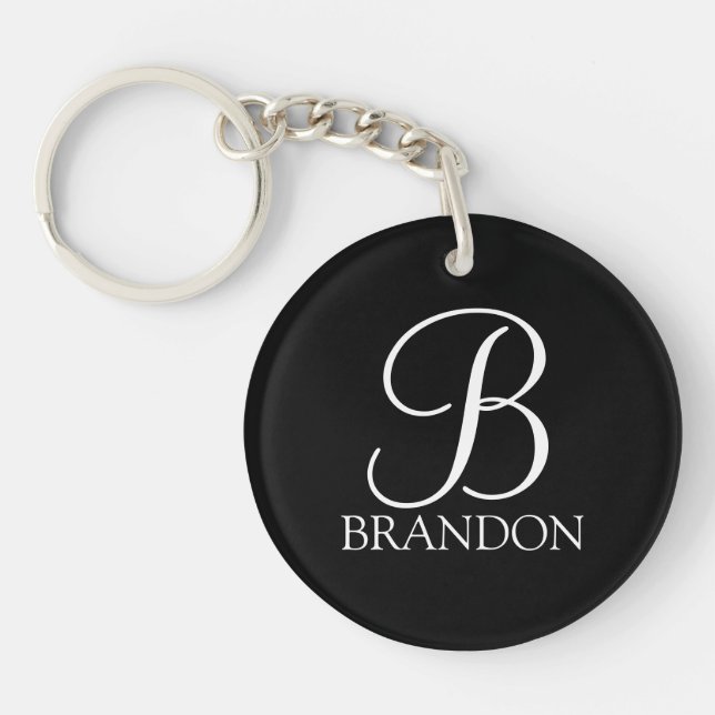 Black Personalized Script Monogram and Name Keychain (Front)