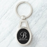 Black Personalized Script Monogram and Name Keychain<br><div class="desc">Personalized Monogram and Name Gift
features personalized monogram in white classic script font style and name in white classic serif font style on black background.

Perfect for holiday,  family reunion and for any special occasions.</div>