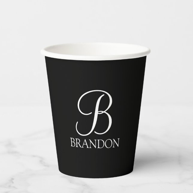 Black Personalized Script Monogram and Name Paper Cups (Front)