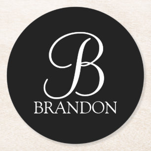 Black Personalized Script Monogram and Name Round Paper Coaster
