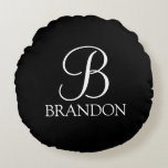 Black Personalized Script Monogram and Name Round Pillow<br><div class="desc">Personalized Monogram and Name Gift
features personalized monogram in white classic script font style and name in white classic serif font style on black background.

Perfect as holiday gift,  family reunion favours,  housewarming gift,  wedding gift and gift for any special occasions.</div>