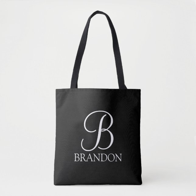 Black Personalized Script Monogram and Name Tote Bag (Front)