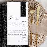 Black Personalized with Guest Name Elegant Menu<br><div class="desc">Why spend in place cards and menu cards when you can have an elegant All-in-one elegant Menu personalized with each guest name! Contemporary, simple and elegant design with beautiful modern hand written calligraphy. Stripe on the top right corner in black with guest name in white. Back in same black as...</div>