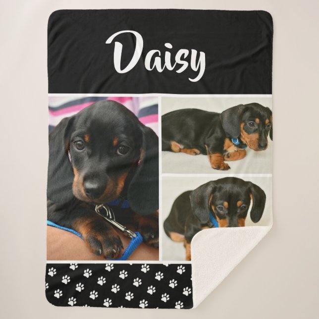 Black Pet Lover Photo Collage Customizable Dog Sherpa Blanket (Front)