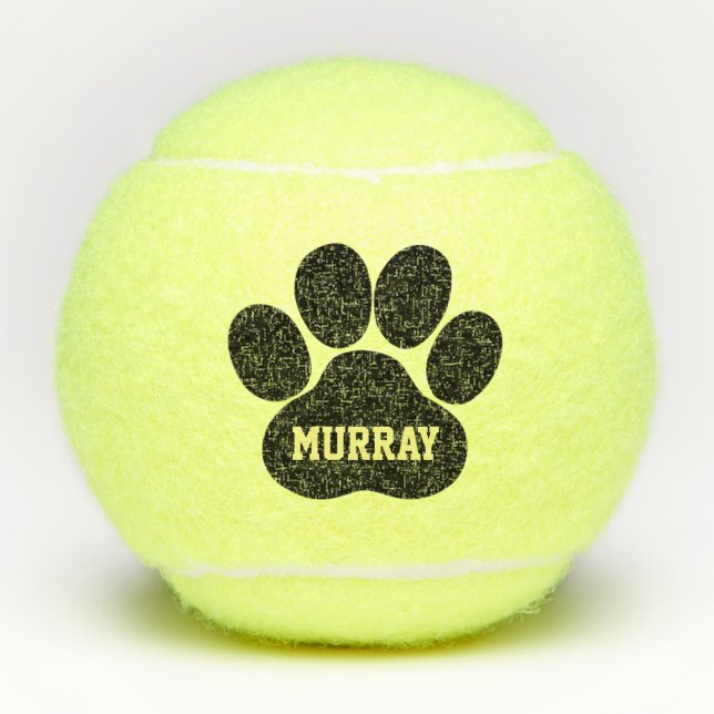 Black Pet Paw Print Personalized Name Toy Tennis Balls (Front)