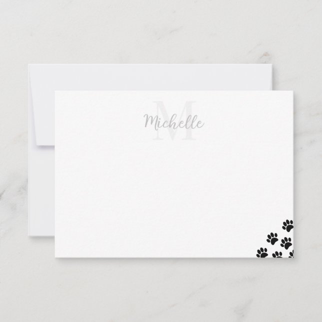 Black Pet Paw Prints Custom Monogram Card (Front)