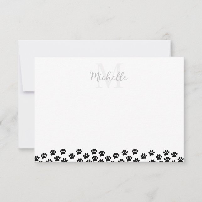 Black Pet Paw Prints Custom Monogram Cute  Card (Front)