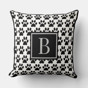 Black Pet Paw Prints with Monogram Initial Throw Pillow