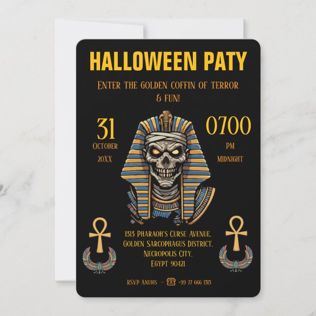 🖤 Black Pharaoh Mummy Invitation 🎃✉️ (Front)