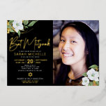 Black Photo Bat Mitzvah Floral Script Real Gold<br><div class="desc">Be proud, rejoice and showcase this milestone of your favourite Bat Mitzvah with this sophisticated, personalized photo invitation! A chic, stunning, white and real gold foil floral watercolor, real gold foil handwritten script and white sans serif typography overlay a dramatic black background on the left side, your personalized photo on...</div>