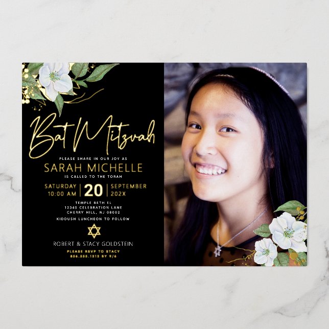 Black Photo Bat Mitzvah Floral Script Real Gold (Front)