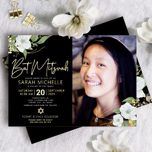 Black Photo Bat Mitzvah Floral Script Real Gold