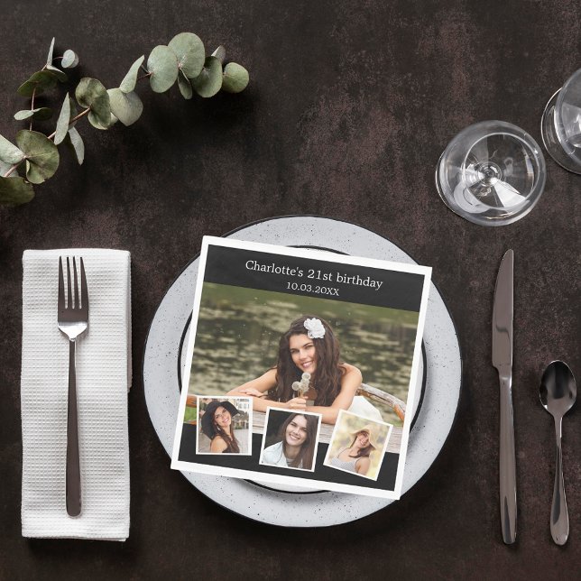 Black photo collage birthday party napkin (Creator Uploaded)