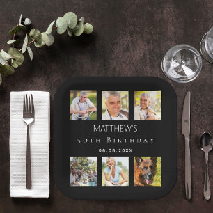 Black photo collage birthday party paper plate