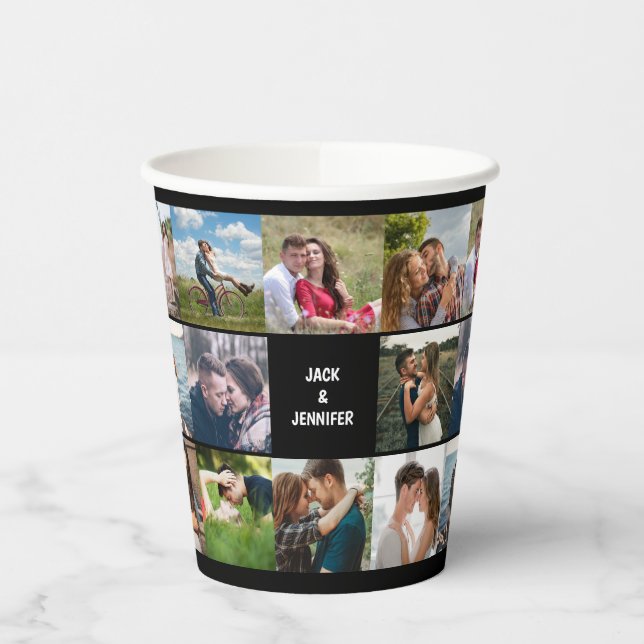 Black Photo Collage Custom Wedding Paper Cups (Left)