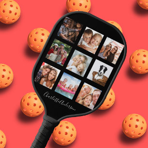 Black photo collage family name sciprt pickleball paddle