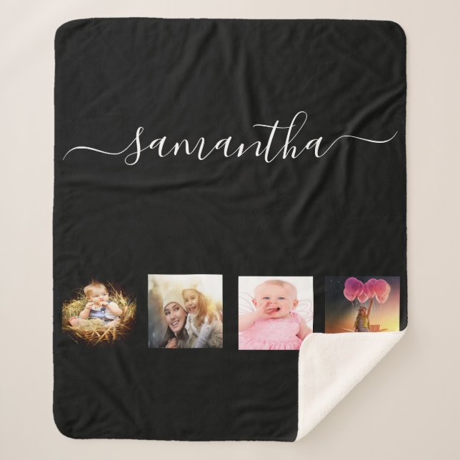 Black photo collage monogram elegant sherpa blanket (Front)
