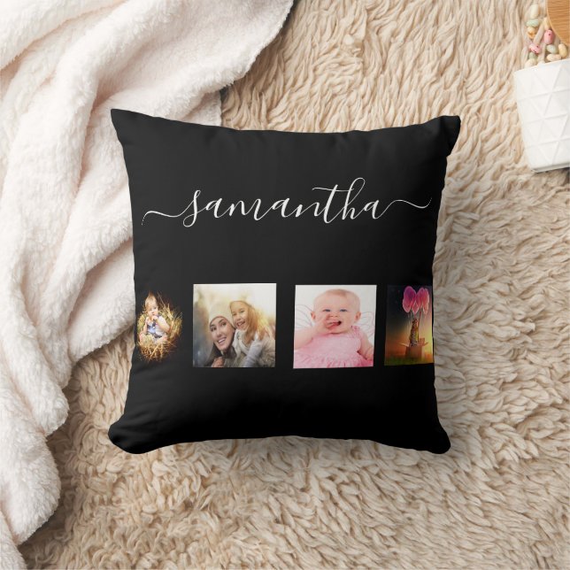 Black photo collage monogram script throw pillow (Blanket)