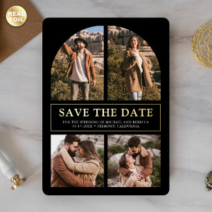 Black Photo Collage Wedding Save the Date Gold
