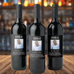 Black photo fun facts bio year birth birthday wine label<br><div class="desc">For a birthday party for a guy,  man.  Personalize and add your own photo of the jubilant.  Add year of birth,  your text,  fun facts,  biography about the birthday guy. A classic black background and white text.</div>