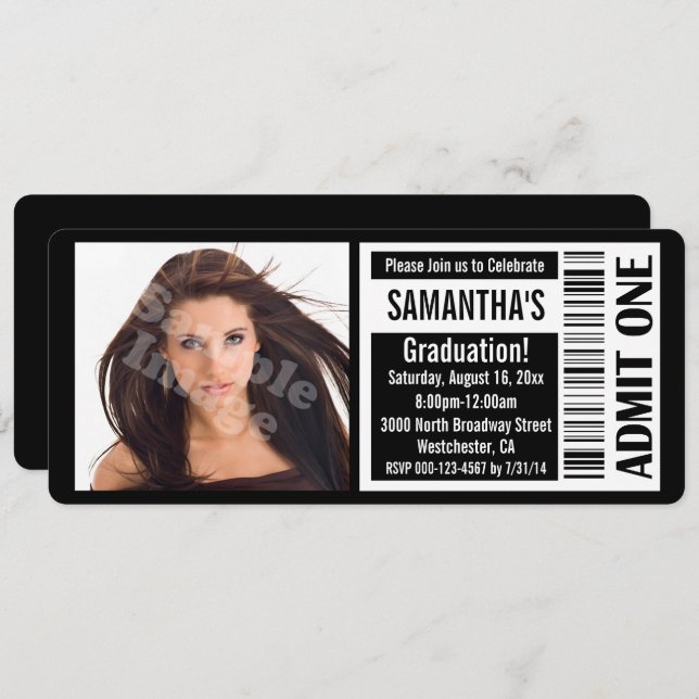 Black Photo Graduation Party Ticket Invitations (Front/Back)