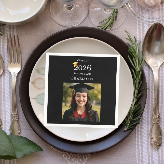 Black photo modern Graduation Party luncheon Napkin (Creator Uploaded)