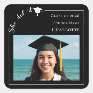 Black photo modern She Did it Graduation Party Square Sticker