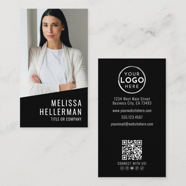 Black Photo QR Code Logo Vertical Business Card (Front/Back)