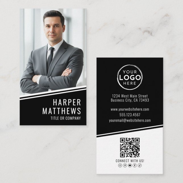 Black Photo QR Code Logo Vertical Business Card (Front/Back)
