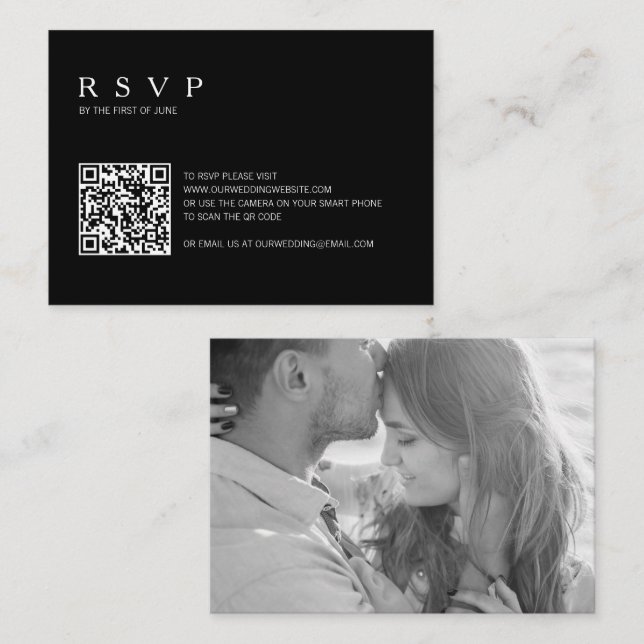 Black Photo QR Code Wedding Mini RSVP Card (Front/Back)