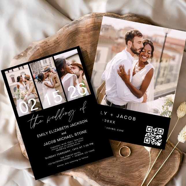 Black Photo QR code Wedding Minimalist  Invitation (Creator Uploaded)
