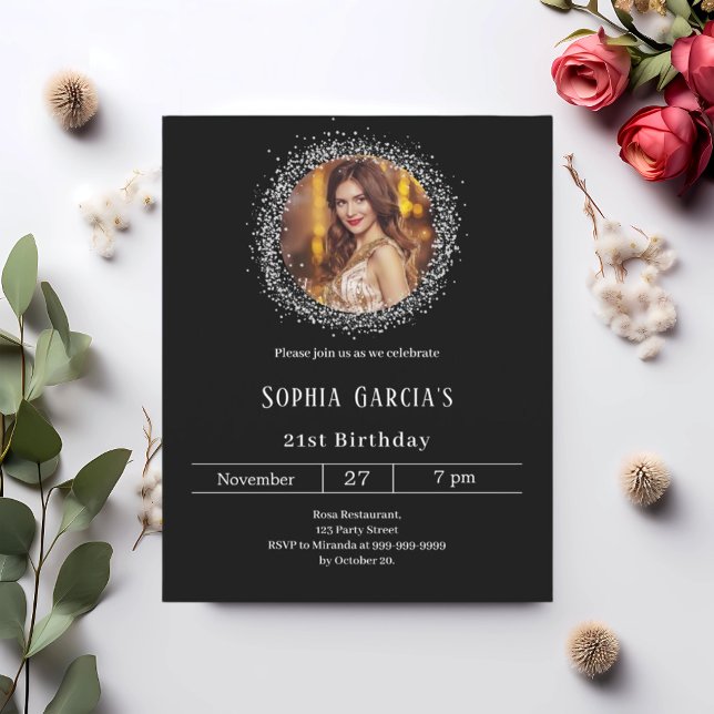 Black photo silver glitter birthday invitation (Creator Uploaded)