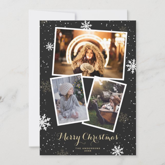 Black Photo Snowflakes Joyeuses Cartes de Noël (Devant)