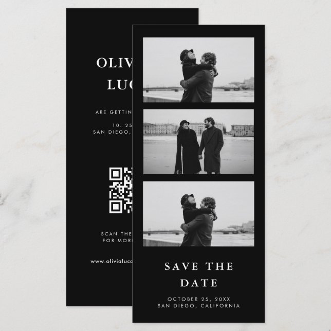 Black Photo Strip QR Code Wedding Save The Date (Front/Back)