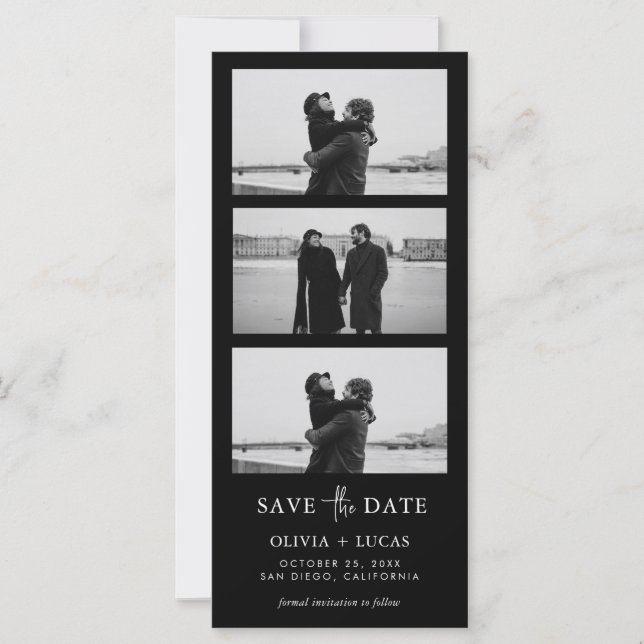 Black Photo Strip Wedding QR Code Save The Date (Front)