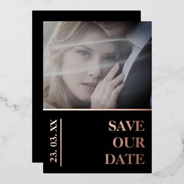 Black Photo Wedding Save the Date Rose Gold Foil Holiday Card (Front/Back)