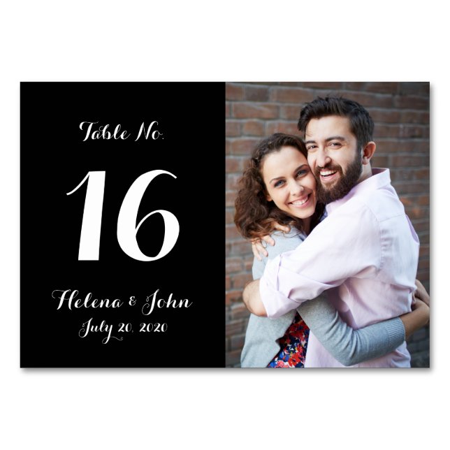 Black Photo Wedding Table Number Card (Front)