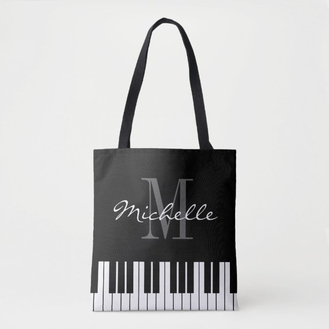Black piano keys shoulder tote bag for musician (Front)