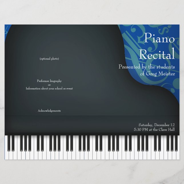 Black Piano on Blue Folded Recital Program (Front)