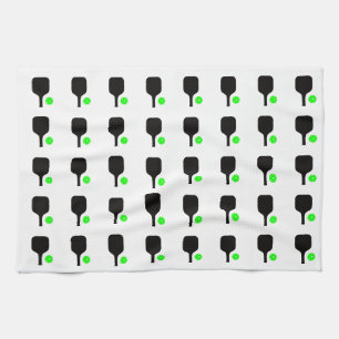 Black pickleball paddle & green balls kitchen towel