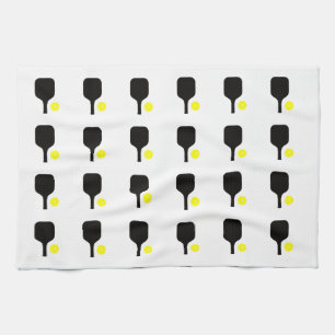 Black pickleball paddles & yellow balls kitchen towel
