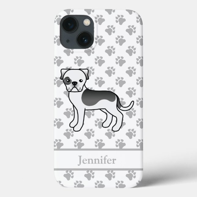 Black Piebald American Bulldog Cartoon Dog & Name Case-Mate iPhone Case (Back)