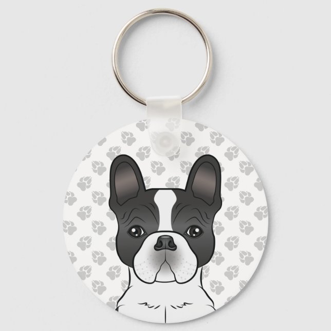 Black Piebald French Bulldog / Frenchie Dog & Paws Keychain (Front)