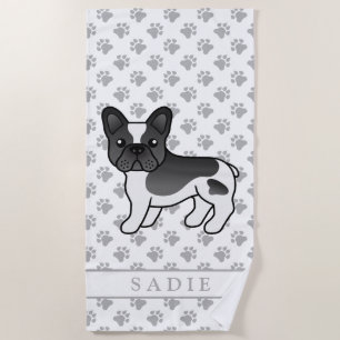 Black Pied French Bulldog Cute Cartoon Dog & Name Beach Towel